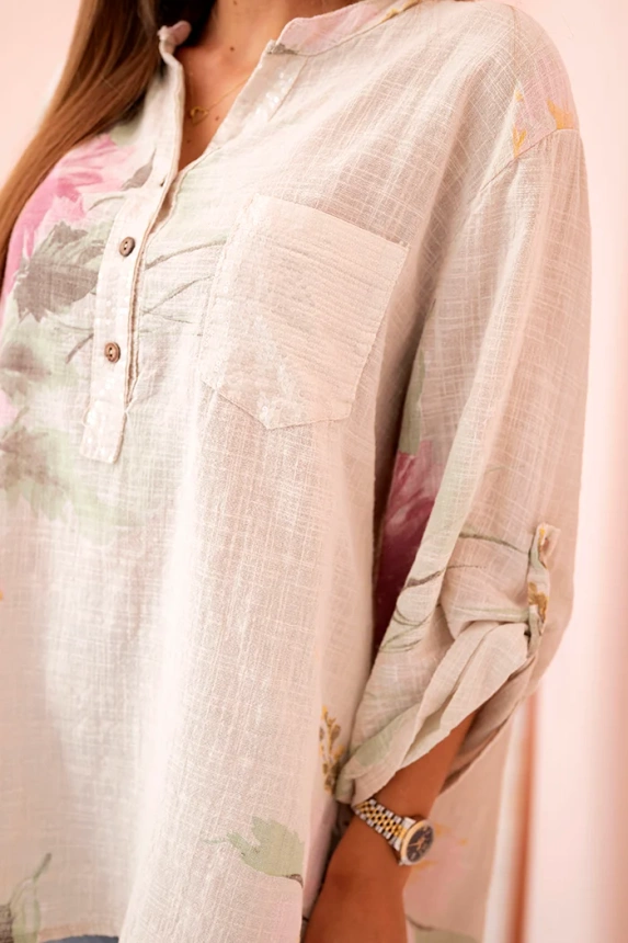 Women's cotton blouse with a floral pattern and buttons beige