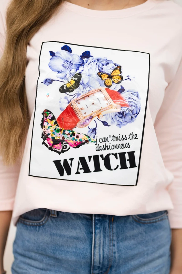 Blúzka s grafikou 3D Watch prášková ružová