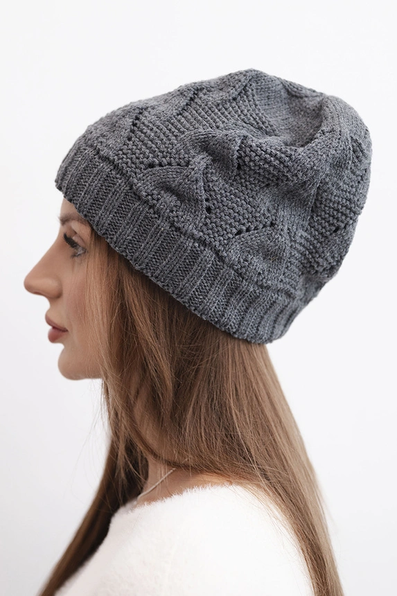 Women's winter wool hat with openwork pattern K427 graphite