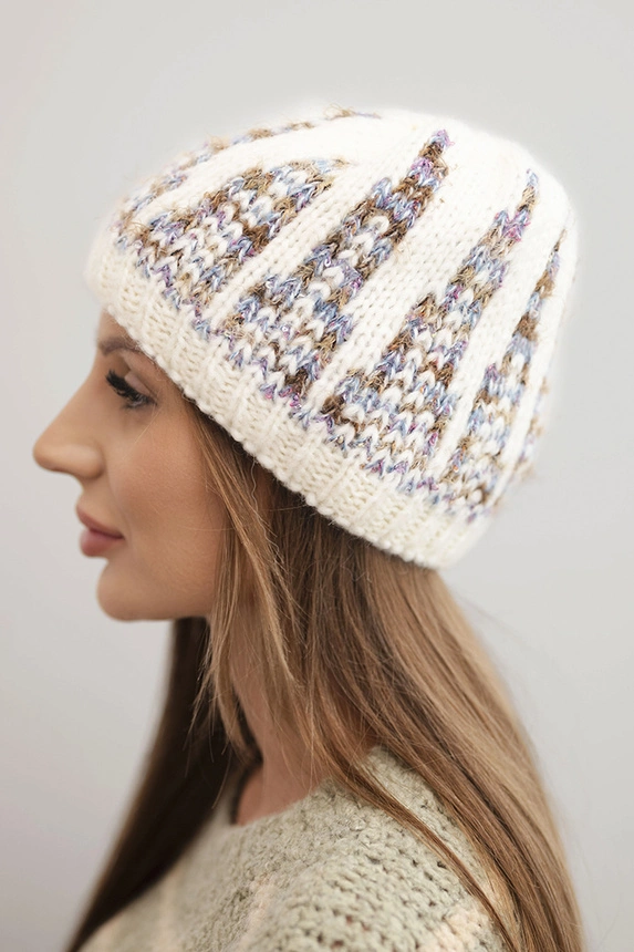 Women's winter knitted hat with decorative weave K454 ecru + purple