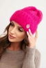 Women's winter hat made of fluffy knit with an elegant button fuchsia