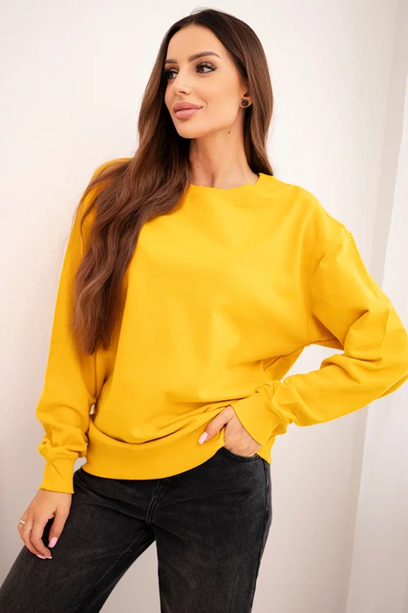 Bluza damska pętelkowa bawełniana basic z okrągłym dekoltem musztardowa