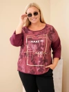 Plus Size women's cotton blouse with print and U-neck plum