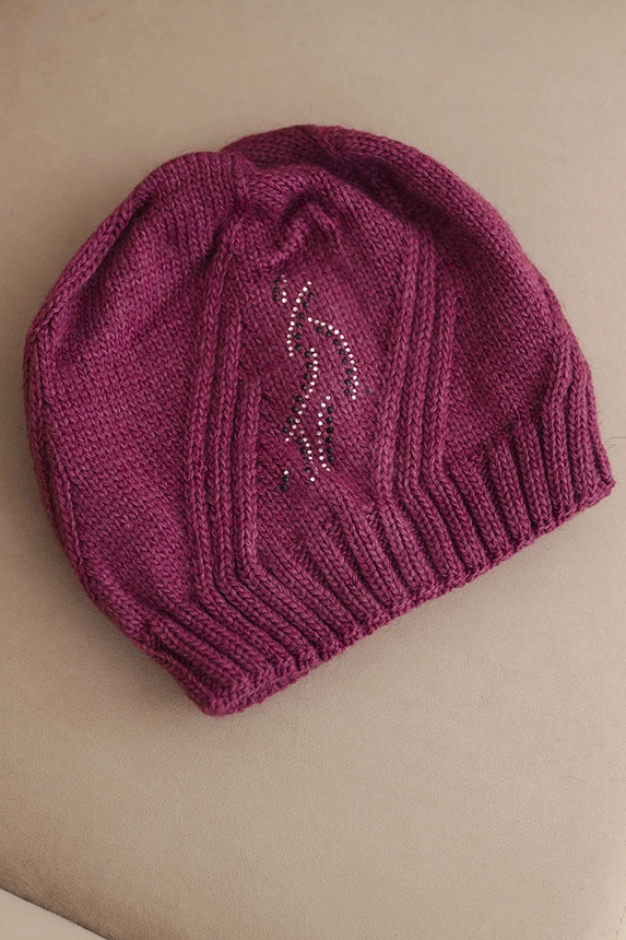 Women's winter hat with wool and rhinestone embellishment K480 dark purple