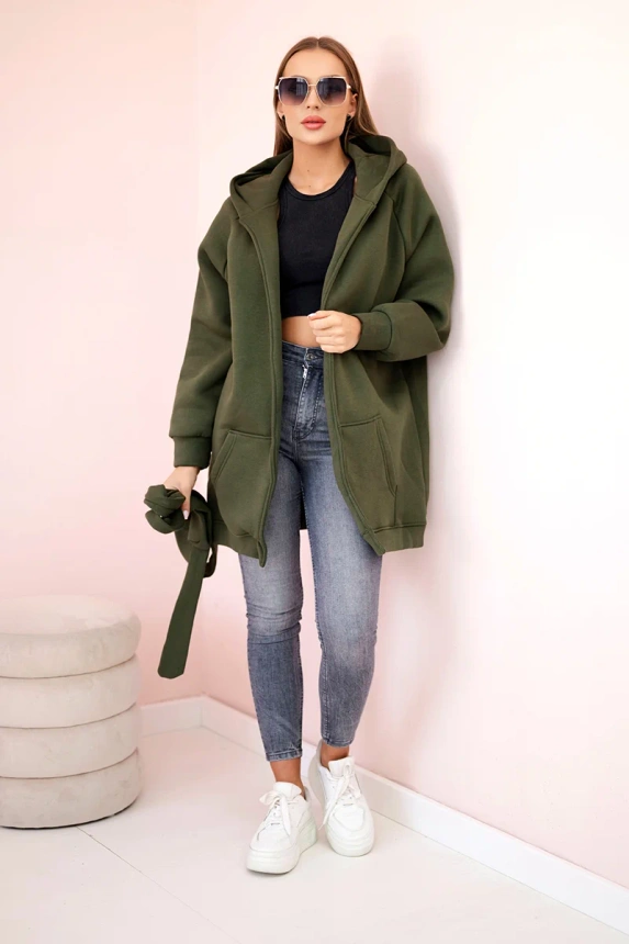 Wärmende Jacke mit Krawatte Taille khaki