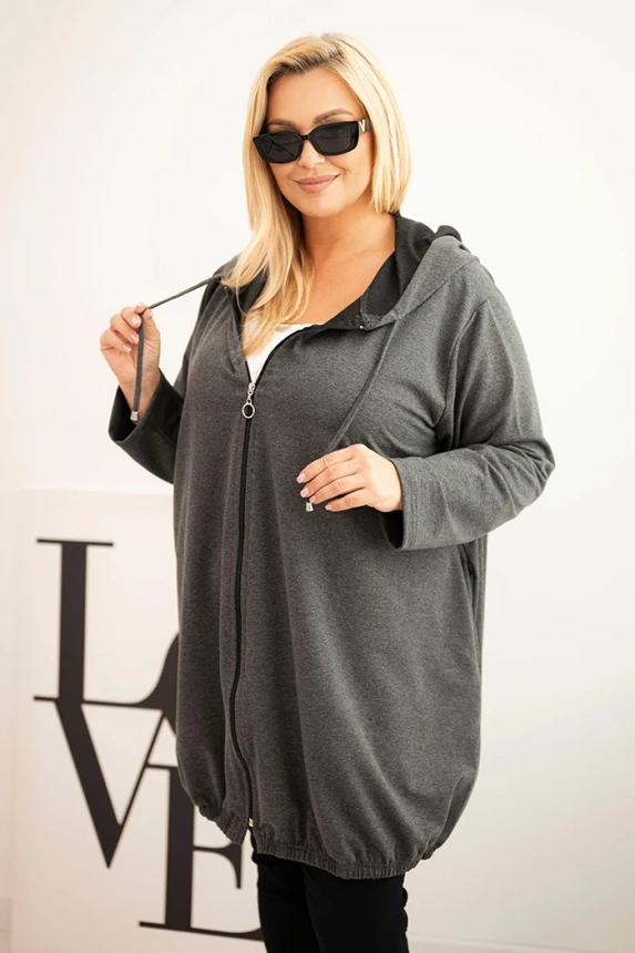 Damenpullover Plus Size aus Baumwolle mit Kapuze und Reißverschluss grau
