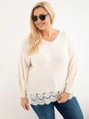 Dámsky sveter Plus Size s čipkovaným spodkom svetlý béžový