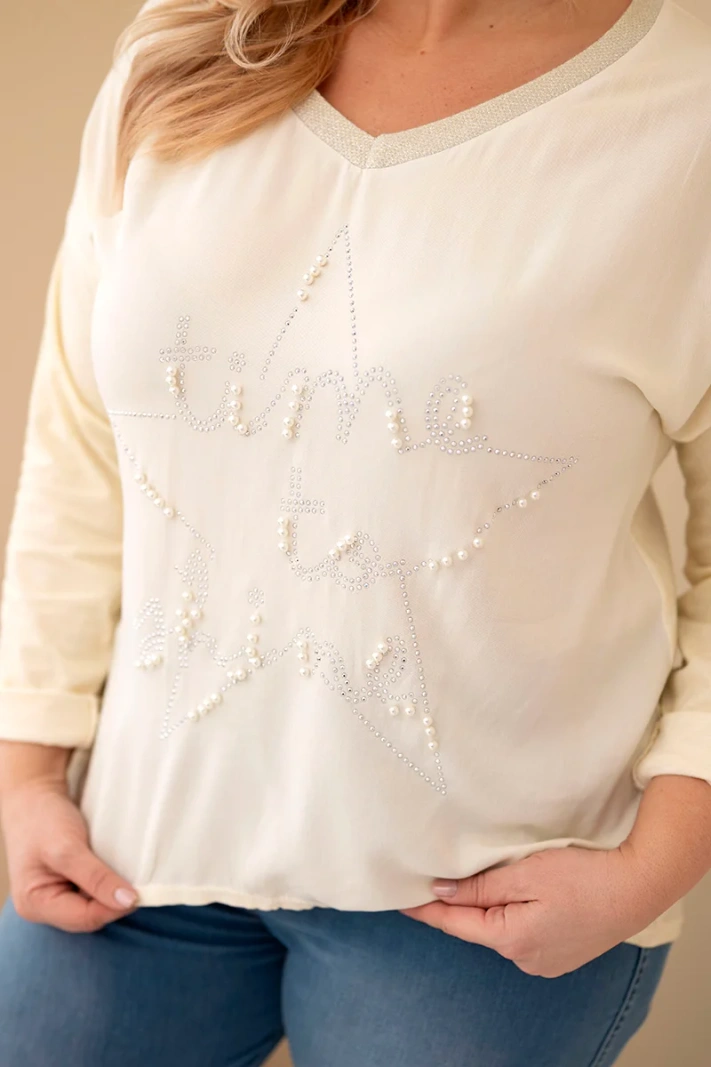 Dámska blúzka Plus Size s potlačou a perličkami žltý