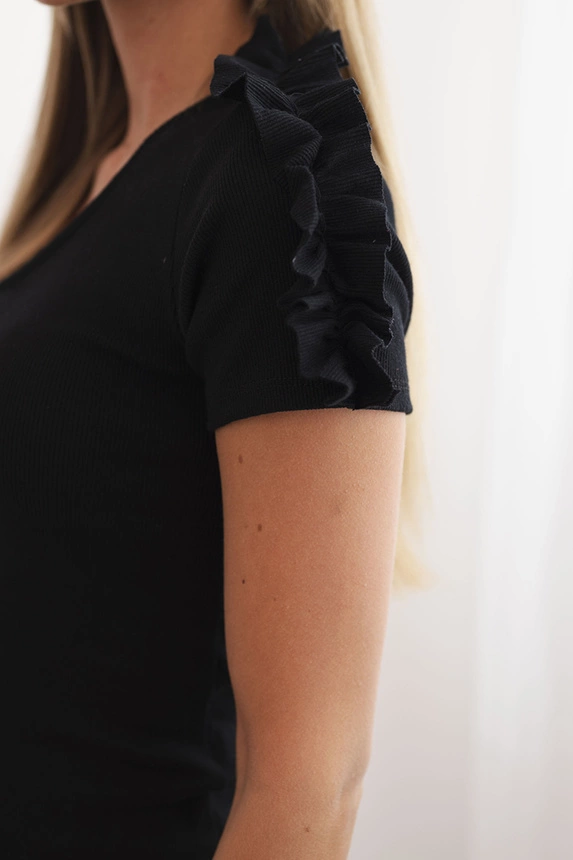 Women's cotton one-shoulder blouse with ruffle black