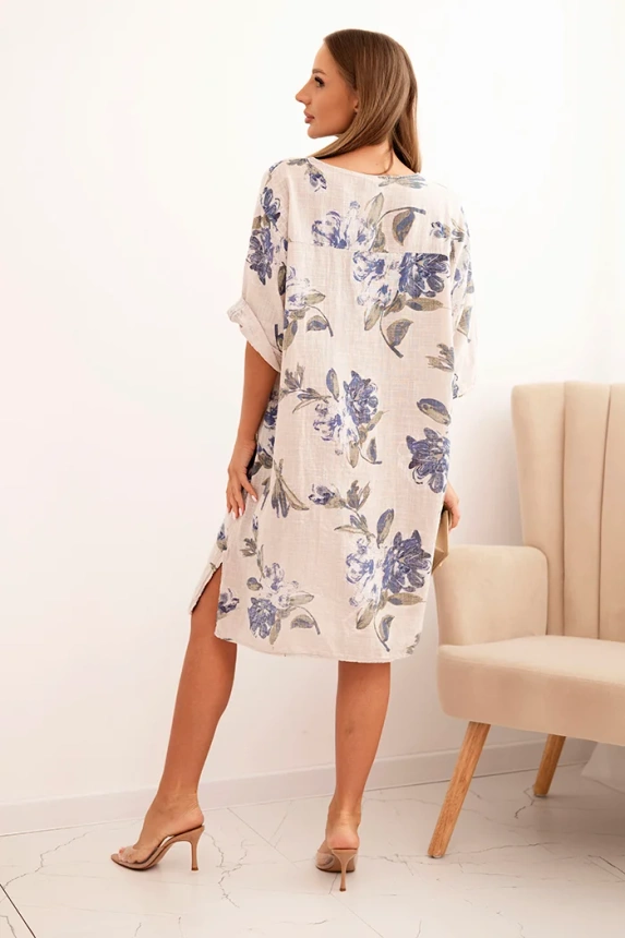 Women's cotton dress with a floral pattern and 3/4 sleeve beige