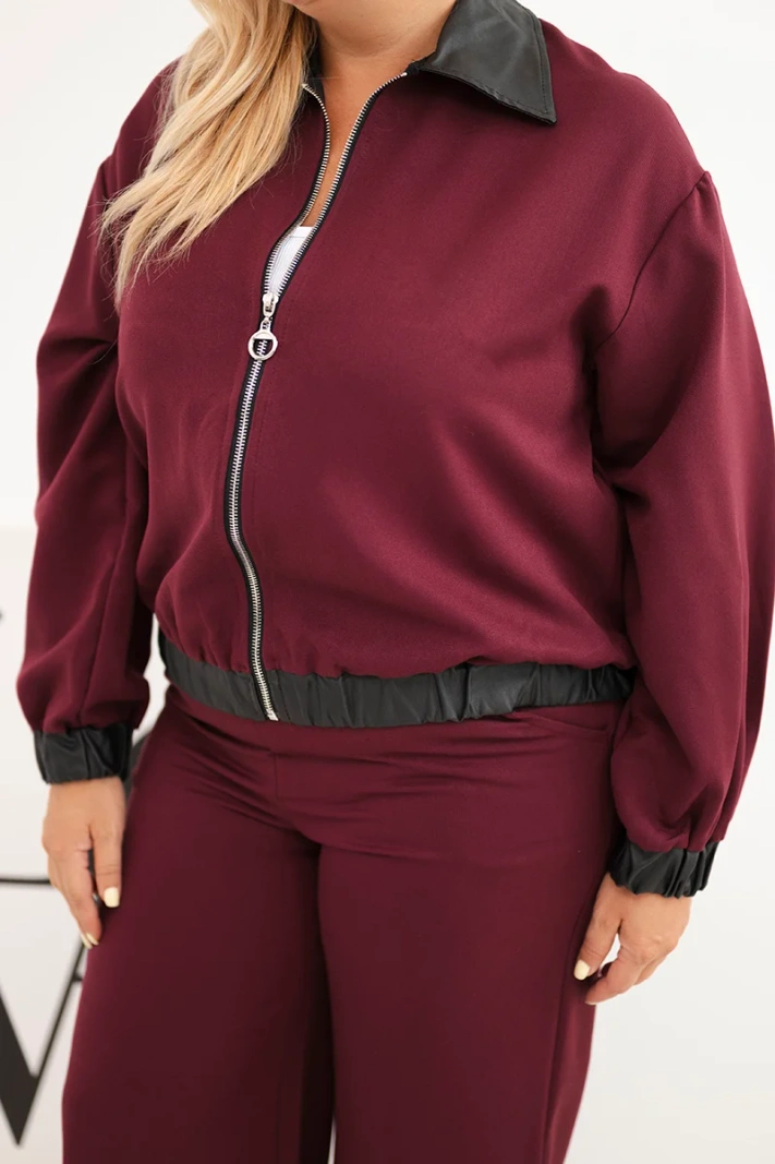 Damen-Set Plus Size mit Reißverschluss-Sweatshirt und weitem Hosen rotburgund