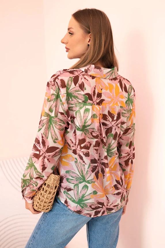 Women's viscose shirt with collar and floral pattern in powder pink