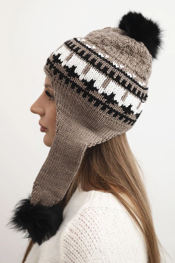 Women's winter wool hat with ear flaps and pom poms K436 mocca