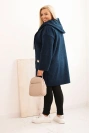 Dámsky kabát Plus Size z umelého baránka s kapucňou a vreckami modrý