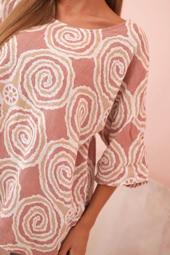 Women's cotton blouse with ethnic patterns and rolled-up sleeves dark pink