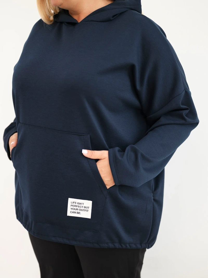 Damen Plus-Size-Viskosekapuzenpullover mit Kängurutasche blau dunkel