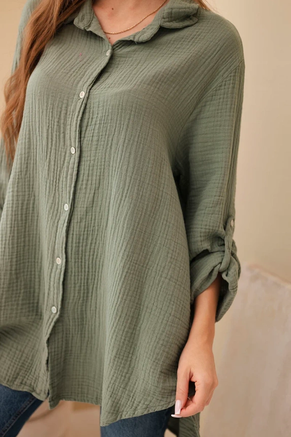 Koszula bawełniana muślinowa Plus Size khaki