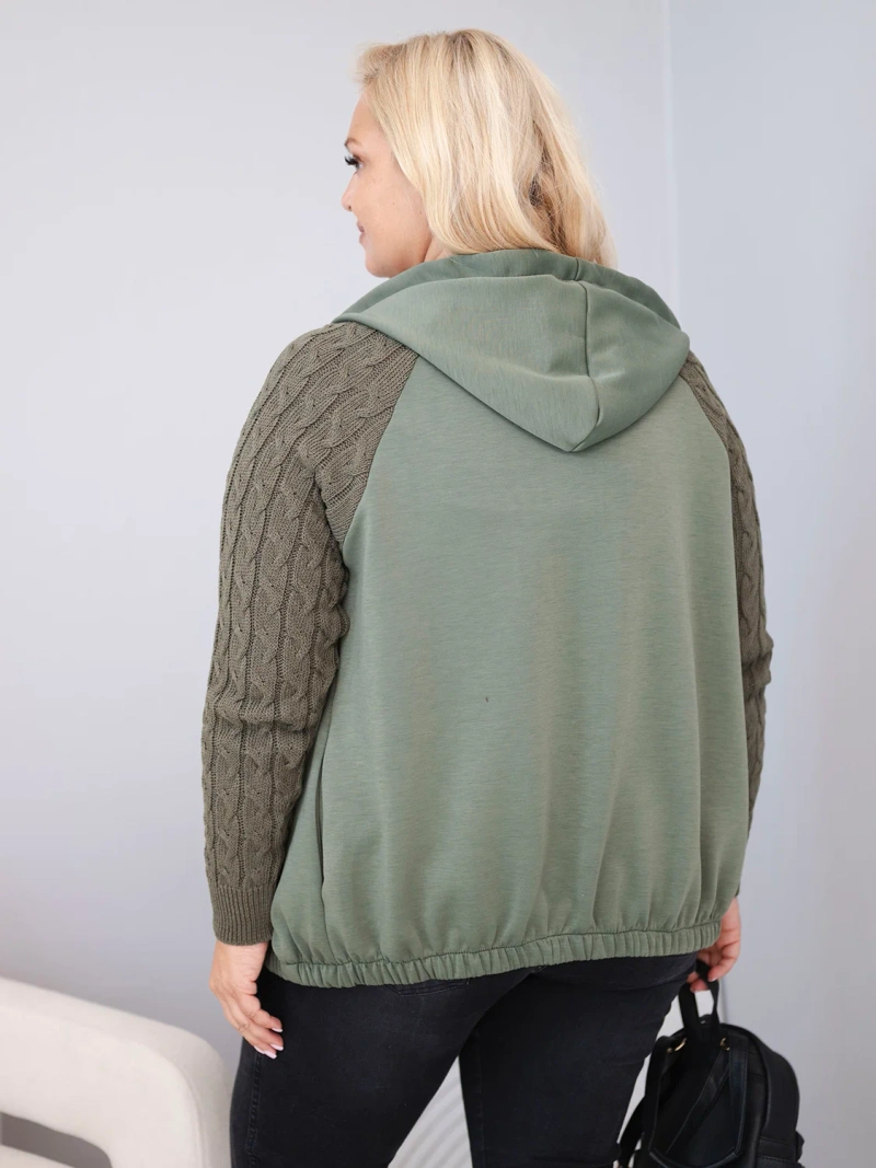 Bluza damska bawełniana Plus Size z dzianinowymi rękawami i kapturem khaki