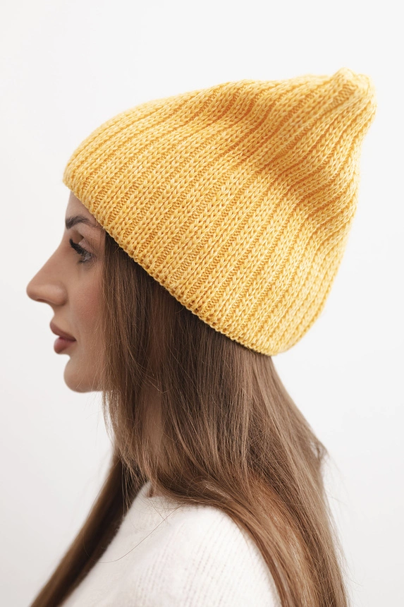 Women's winter hat with wool in a cat style made of ribbed knit K419 yellow