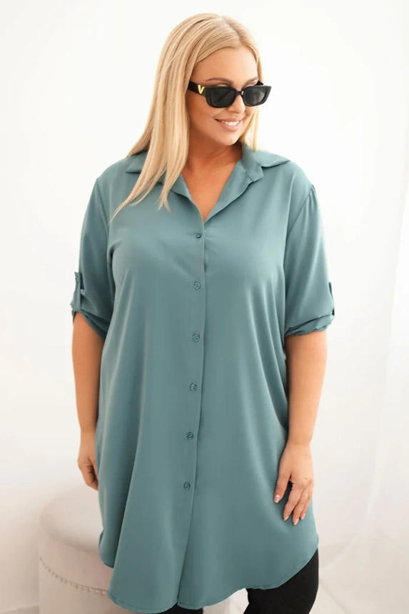 Damenhemdkleid Plus Size mit längerem Rücken und hochgekrempeltem Ärmel dunkel mintgrün