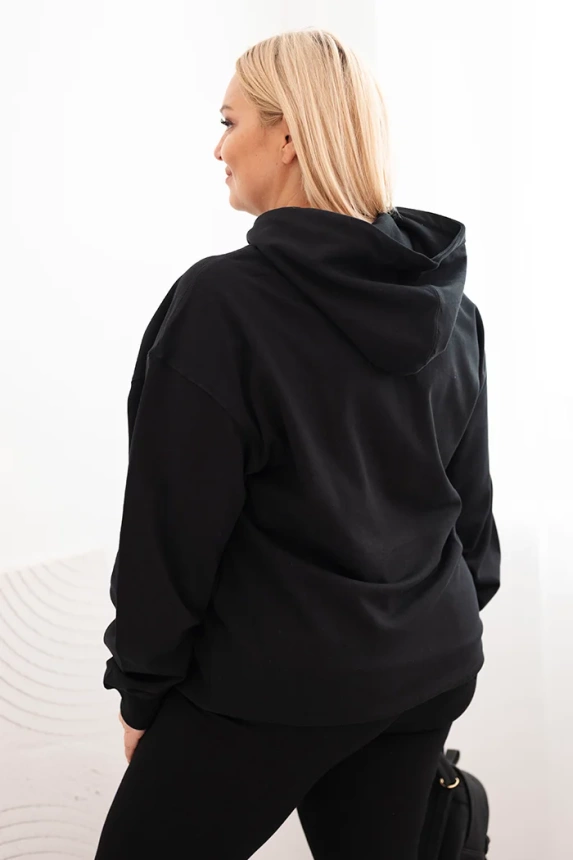 Bluza damska pętelkowa Plus Size bawełniana z kapturem i kieszenią kangurką czarna