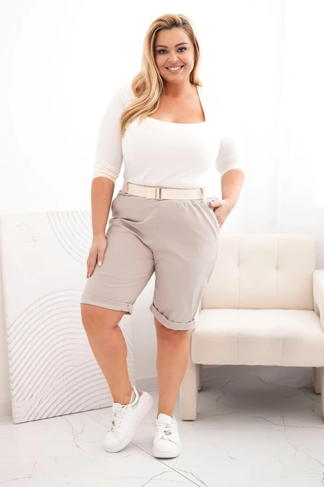 Spodenki damskie bawełniane Plus Size z paskiem ciemno beżowe