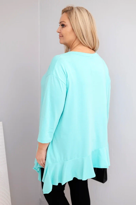 Damenbluse Plus Size aus Baumwolle mit Rüsche und umgeschlagenem Ärmel mintgrün