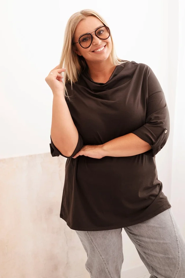 Bluzka damska Plus Size z bawełną o luźnym kroju z dekoltem wodnym brązowa