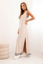 Women's set with viscose featuring a button-up blouse and a long dress beige