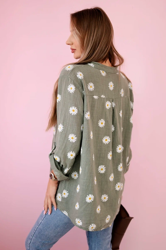 Leinen Damenbluse mit Blumenmuster, langen Ärmeln und Knöpfen khaki