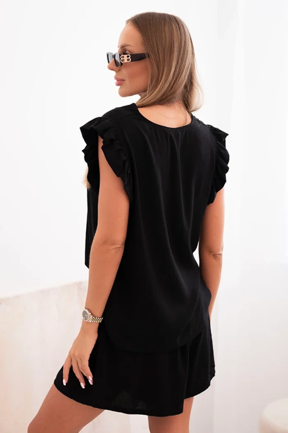 Women's set made of viscose, blouse with ruffles and short shorts black
