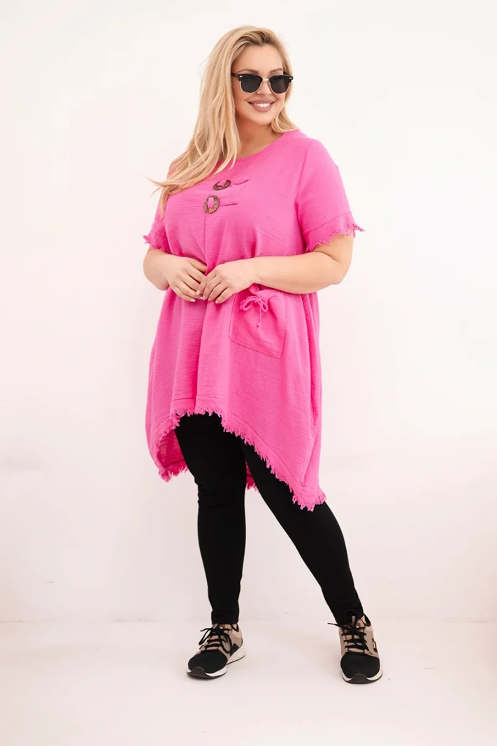 Dámské bavlněné šaty Plus Size s delším zadním dílem a kapsou růžová