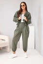 Women's cotton set with ruched sweatshirt and pants khaki