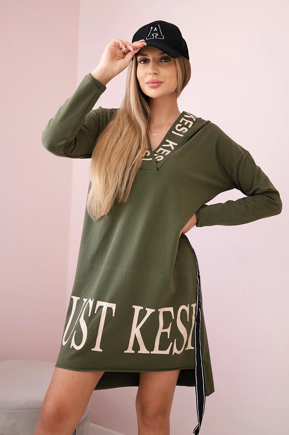Dress with hood and print khaki