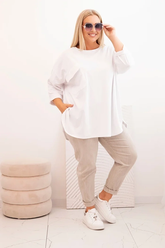 Dámská blůza Plus Size s bavlnou, s kapsou a s ohrnovacími rukávy bílá
