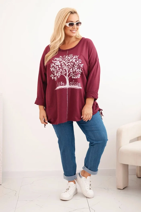 Damenbluse Plus Size aus Baumwolle mit Baumdruck bordeaux