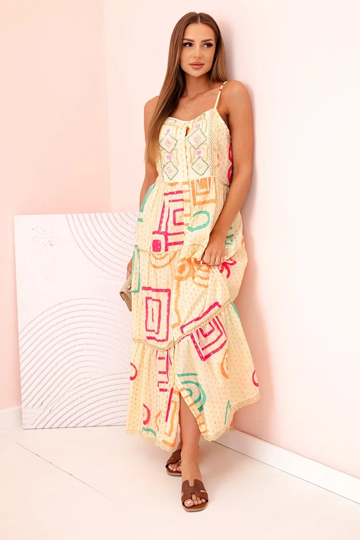 Women's cotton dress with a colorful pattern beige