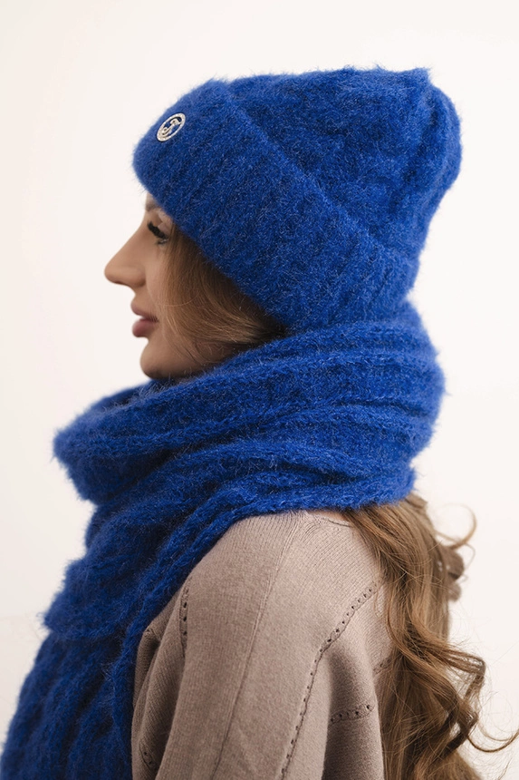 Women's set hat and scarf with ribbing and decoration cornflower blue