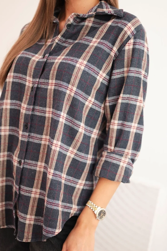 Women's cotton checkered shirt with a longer back graphite
