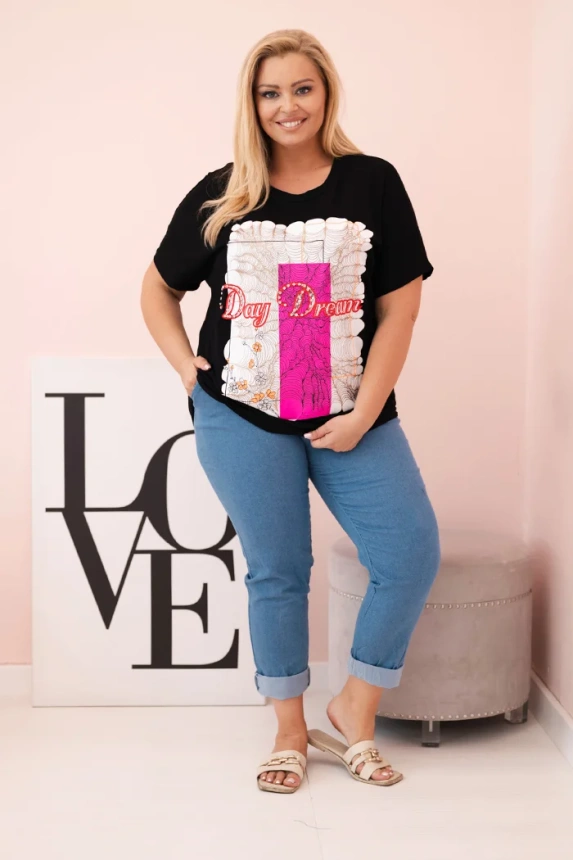 Moteriška Plus Size medvilninė palaidinė su užrašu „Day Dream“ juoda + rožinė