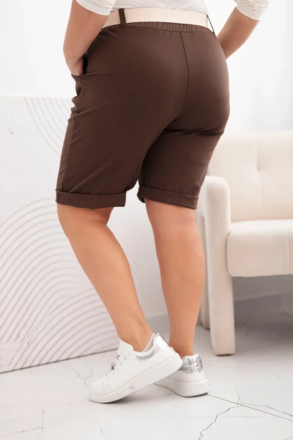 Spodenki damskie bawełniane Plus Size z paskiem brązowe