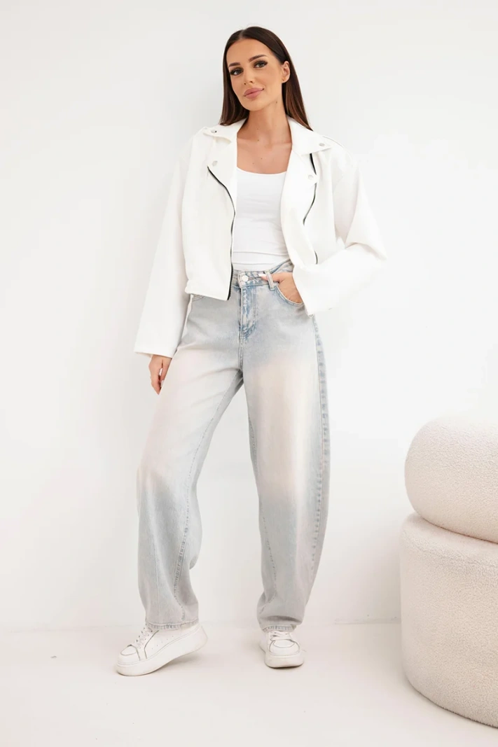 Women's suede viscose jacket with an asymmetrical zipper ecru