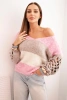 Women's striped sweater with cable knit sleeves made of wool pink + fango