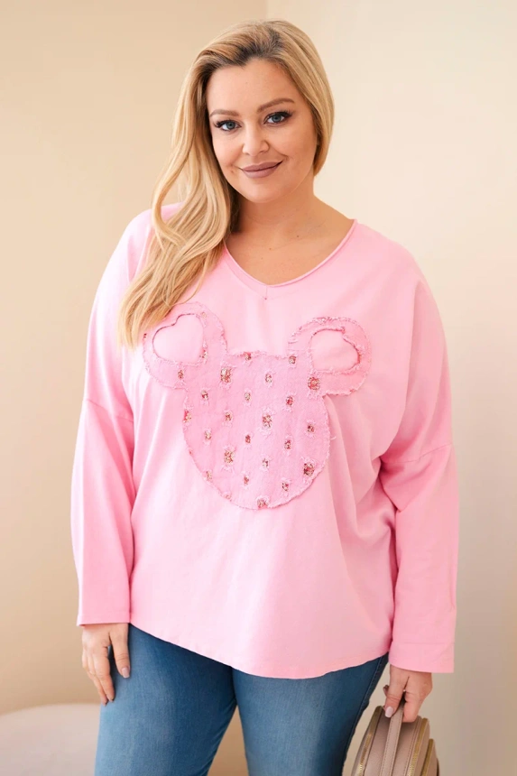 Dámská bavlněná blůza Plus Size s V výstřihem světle růžová