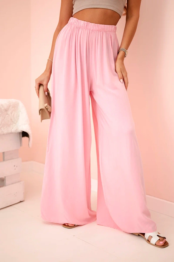 Women's wide viscose trousers with elastic waistband light pink