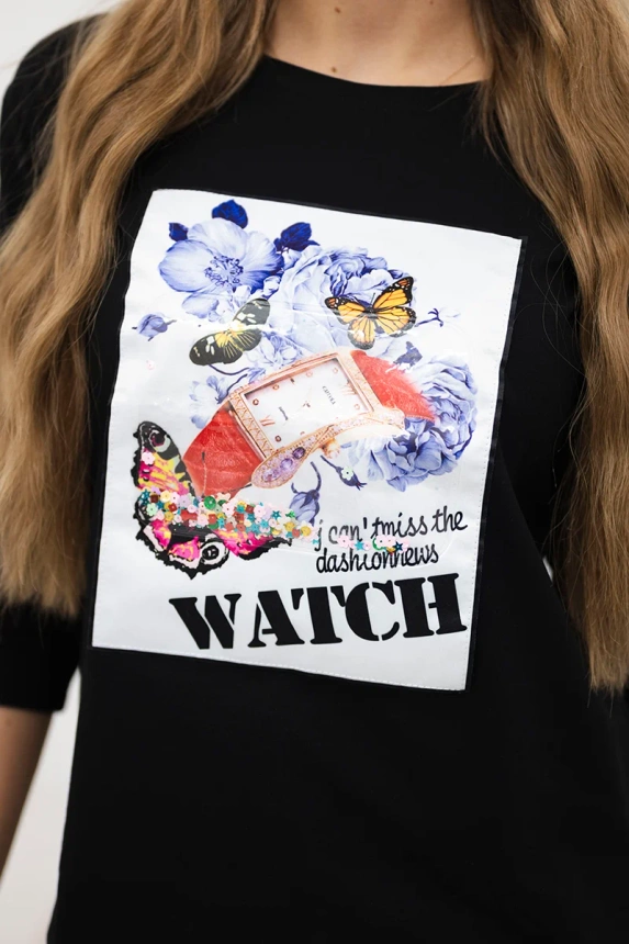Blúzka s grafikou 3D Watch čierna