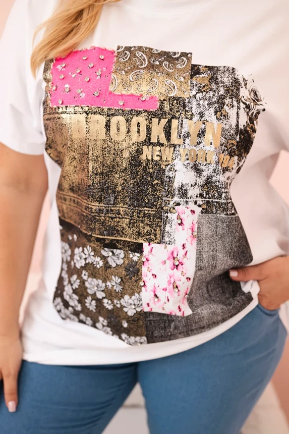 Moteriški medvilniniai Plus Size marškinėliai su spalvotu atspaudu balta + rožinė