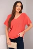 Women's short-sleeved sweater blouse with a V-neck raspberry