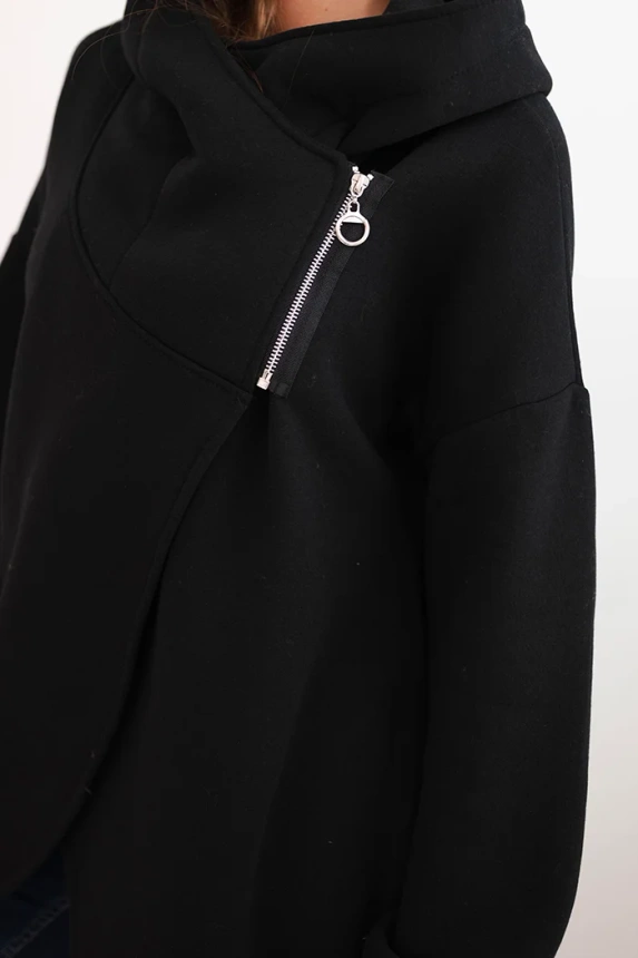 Women's insulated hoodie with an asymmetrical zipper black