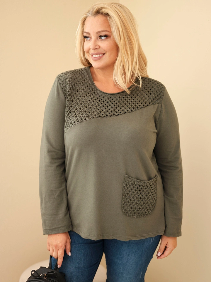 Damen Baumwollpullover Plus Size mit Ajour-Einsatz und Tasche khaki